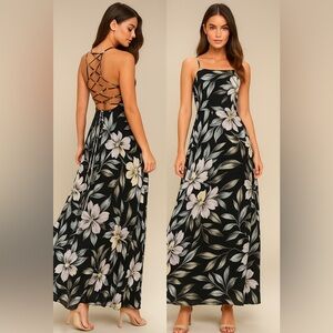 🌸 Lulus Love Abloom‎ Black Floral Print Lace-Up Maxi Dress – Size XS 🌸
